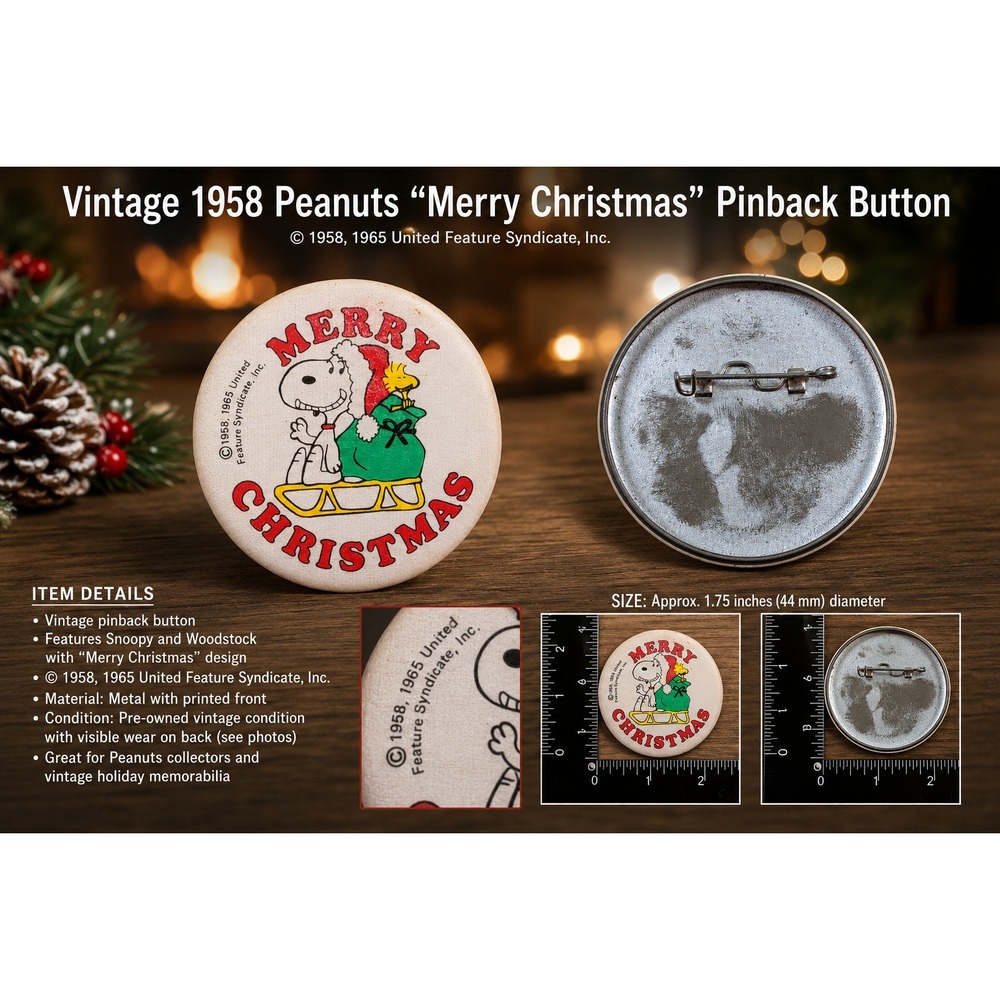 Vintage Snoopy Woodstock Merry Christmas Pinback Button Peanuts 1958 1965 2 Inch